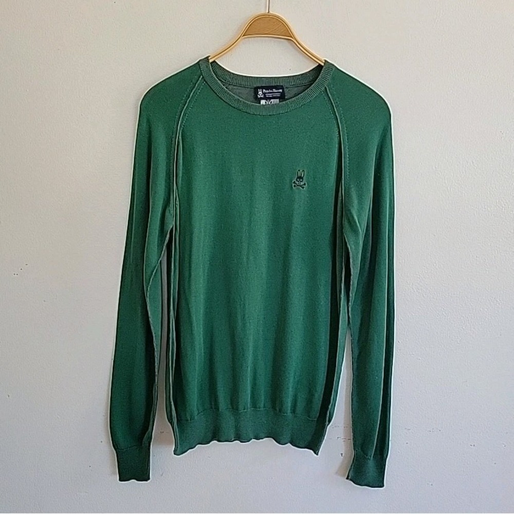 Psycho Bunny Henley Sweater Large Pima Cotton Green Thin Knit Crewneck Pullover